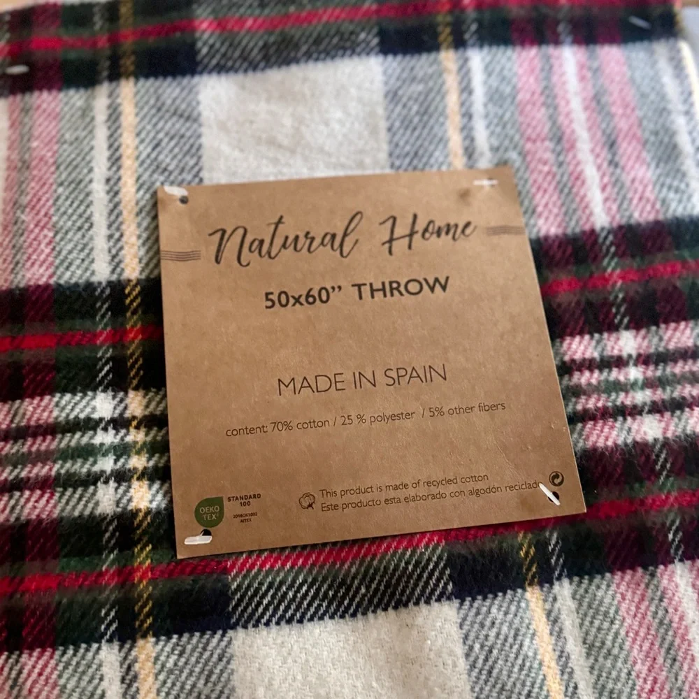 NWT Natural Home Plaid Throw Blanket with Fringe
